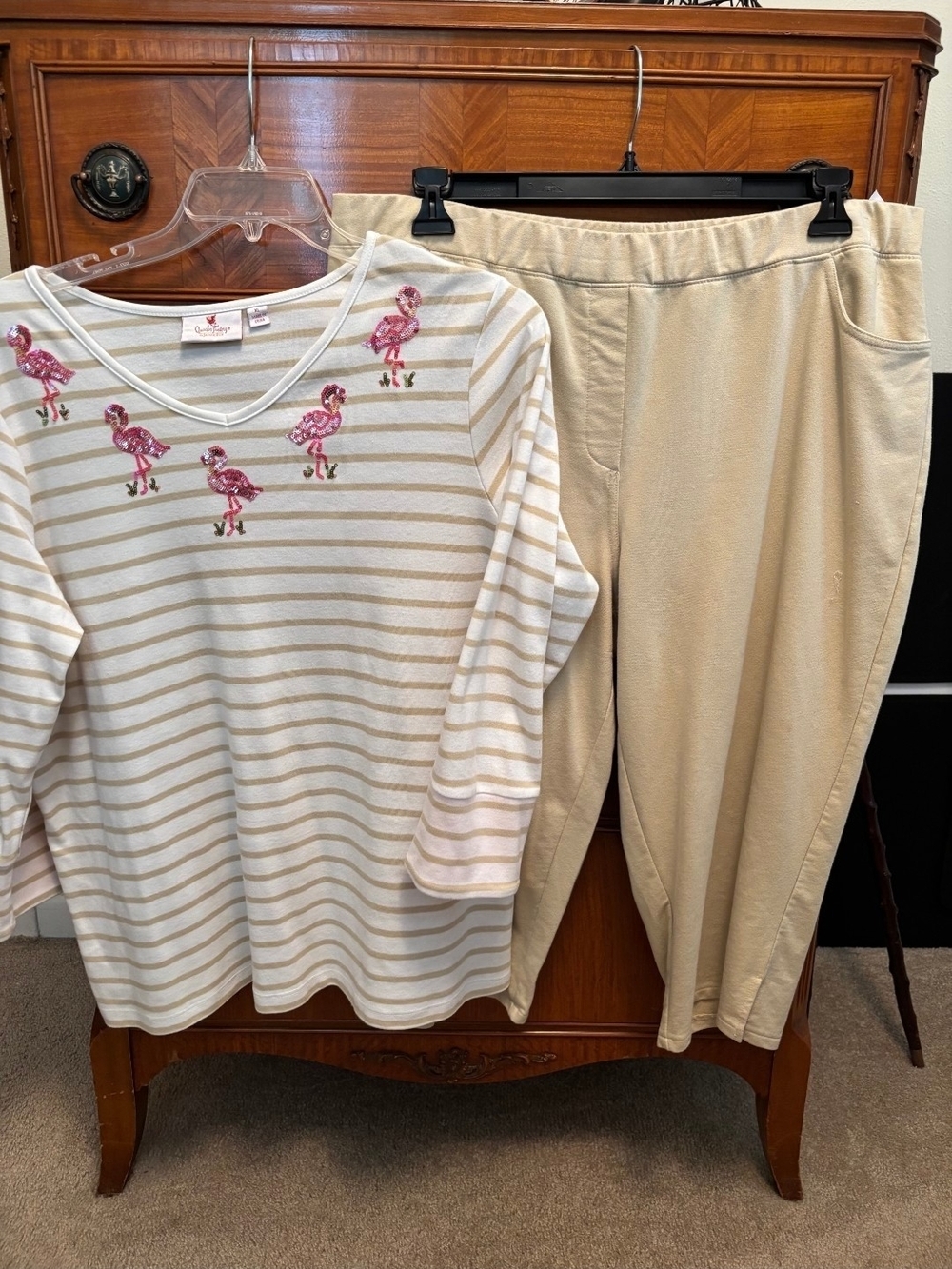 Quacker Factory Flamingo Striped Top Jesery Knit Pants Set Size Xtra Large